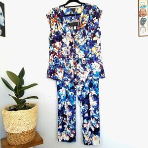 NWT Worthington Watercolor Floral Flowy Matching Lounge Set - Blouse and Pants L